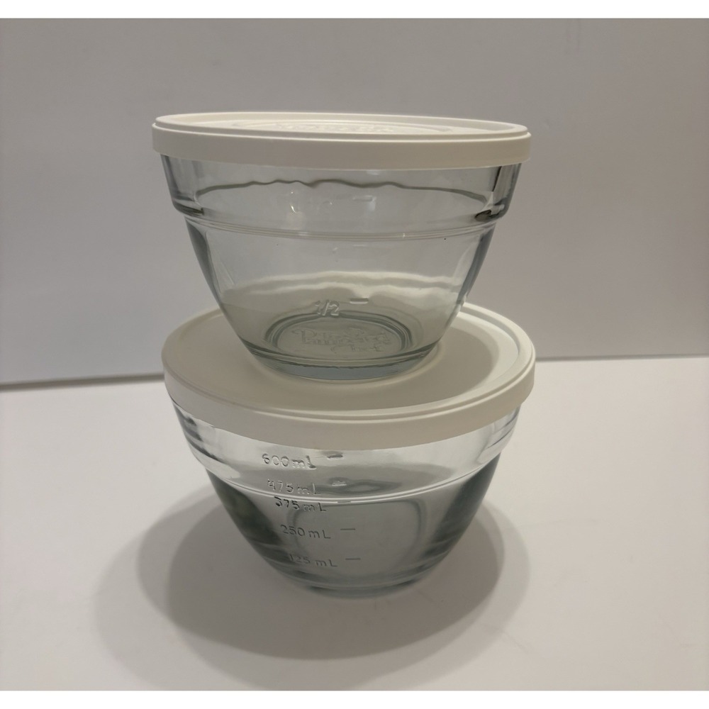 Pampered Chef 2 Cup Prep Bowls Clear Glass (Set Of 2 W/ Lids)  2 & 3 Cup - EUC